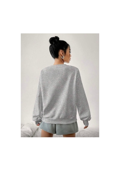 Herkesemoda Mor Çiçek Demeti Baskı Detaylı Bisiklet Yaka İçi Polarlı Sweatshirt Gri