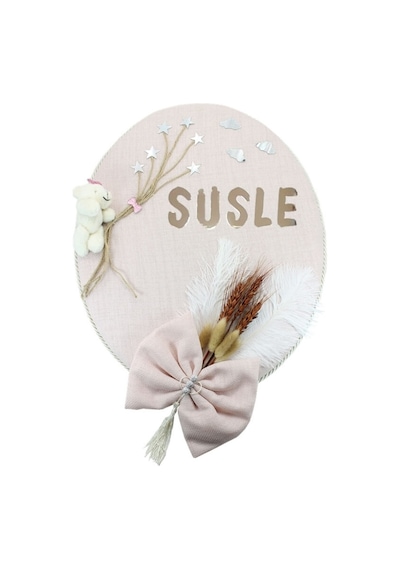 Süslebabypartystore Kuru Çiçek Tanzimli, Ayıcıklı, Isimli Oval Kapı Süsü, Pudra Renk Pudra