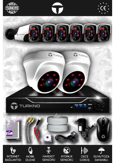 Turkno 8 Kameralı Pania 2 İç Kamera Set HDD'siz Full HD Gece Görüşlü Güvenlik Kamerası Sistemi