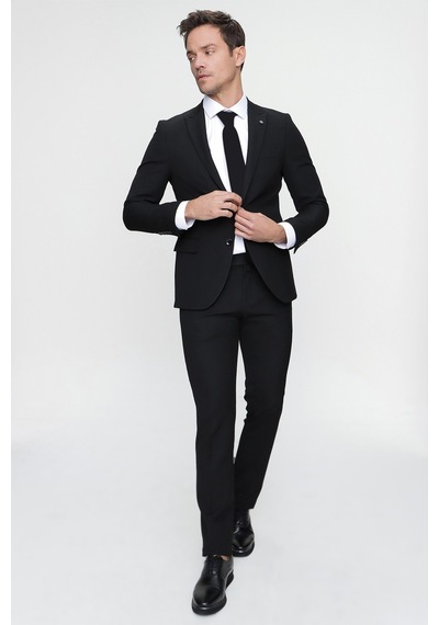 Morven Erkek Basic Düz Slim Fit 3lü Takım Elbise Slim Fit - 542408291 - Siyah