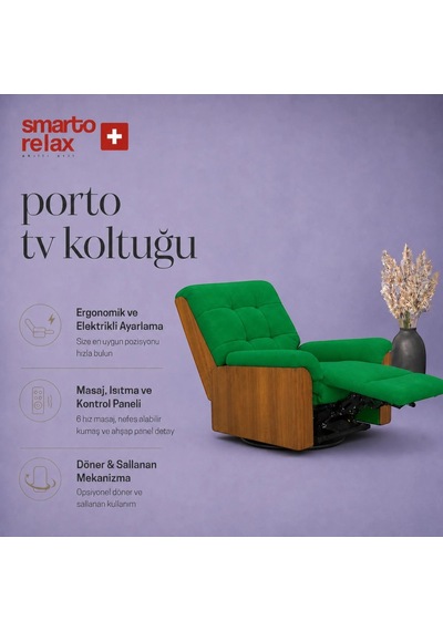 Smarto Relax Porto Tv Koltuğu Elektrikli Masajlı Isıtmalı Döner Sallanan Ahşap Yan Panelli Polyester Kumaş Baba Koltuğu Yeşil