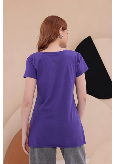 Bbbutikbasic Yırtmaçlı Uzun Basic Tişort Hkn34 Mor