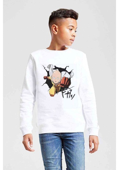 Tshirthane Anime One Punch Man Baskılı Unisex Çocuk Beyaz Sweatshirt (534763204) Beyaz