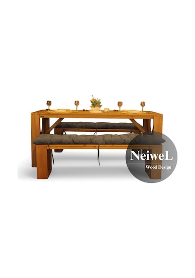 Neiwel Velmar Doğal Ahşap Banklı Yemek Masası Takımı-120-240 Takım Açık Ceviz
