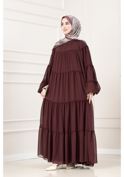Sevitli Robalı Manolya Şifon Elbise-bordo-5783