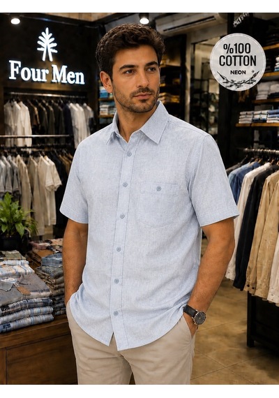 Eren Style Linen Keten Klasik %100 Cotton Kısa Kollu Terletmeyen Gömlek Bebe Mavi