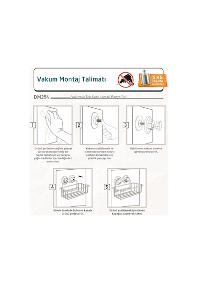 Teknotel Vakumlu Tek Katlı Banyo Duş Rafı Beyaz Dm254