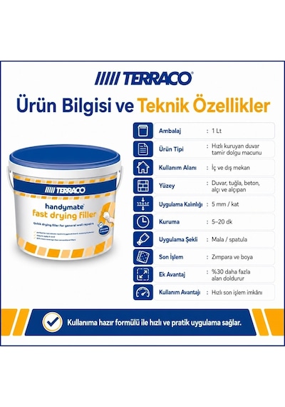 Terraco Handymate Hızlı Kuruyan Duvar Tamir Dolgu Macunu - 1 Lt