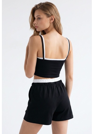 Mixray 2151 Kadın Biye Detaylı Askılı Crop Top Şort Takım Siyah