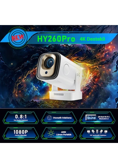 İdragon Hy260 Pro Akıllı Projektör 1080p Full Hd 4k Destekli Android 11 Wifi 6 & Bluetooth 5.4 Otomatik Odaklama 200 Ansı Taşınabilir Ev Sinema Cihazı