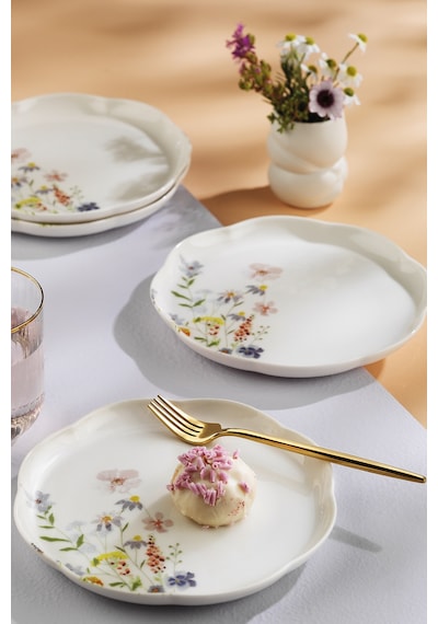 Kütahya Porselen Bone Velora 4 Parça 20 Cm Pasta Tabağı Çiçekli Çok Renkli