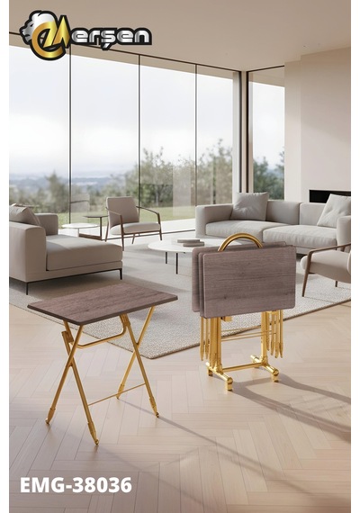 Eranş Serisi 4'lü Katlanır Mdf Mebran Ahşap Çanta Zigon Sehpa Gold Ayak Koyu Barok Desen Gold Ayak