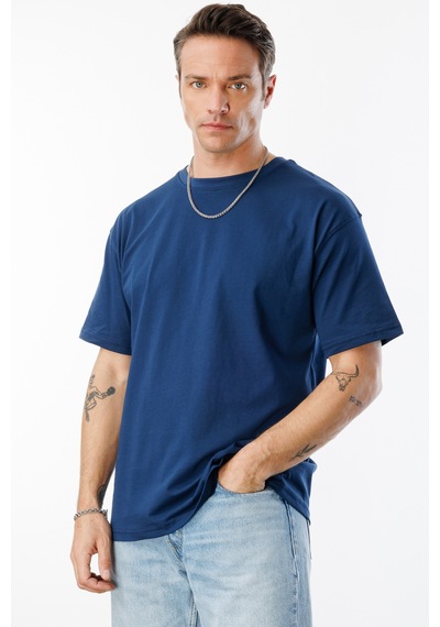 Genius Store Erkek Oversize Fit %100 Organik Pamuk Bisiklet Yaka Tişört Oversıze-erkek-t-shırt İndigo