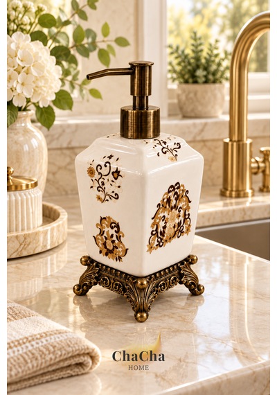 Chacha Home Aurelia Seramik Sıvı Sabunluk 470 Ml Antik Bronz Görünümlü Ayaklı Ve Pompalı 22 Cm Bej - Krem