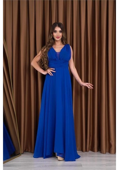 Dip Moda Kadın Saks Mavi V-yaka Şifon Abiye Elbise Dpnb2027 Saks