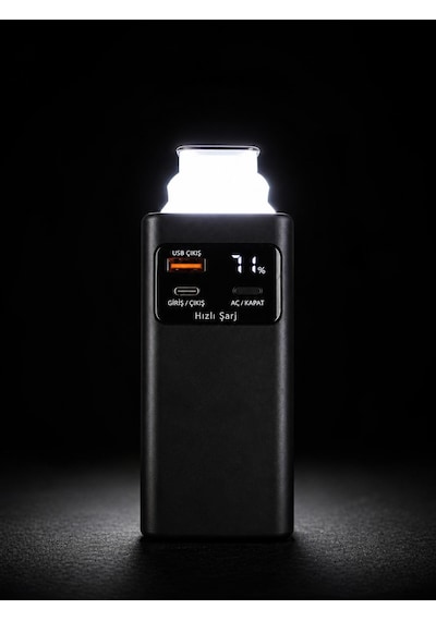 20.000mah Taşınabilir Şarj Cihazı Powerbank Fenerli E Modlu Dijital Göstergeli Micro Usb Type-c Şarj Kablolu Taşıma Kollu Kısa Devre Korumalı siyah