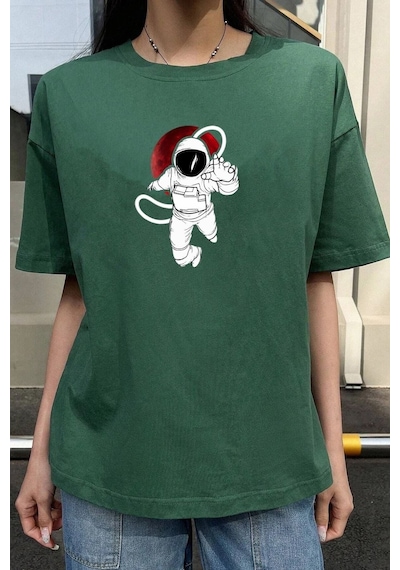 Unisex Nasa Baskılı Tasarım Tshirt Yeşil
