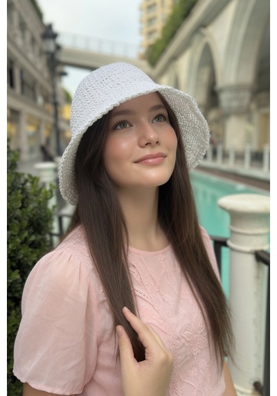 Mollycrush Kadın Beyaz Yazlık Örgü Bucket Şapka Güneş Koruyucu Trend Kova Model Beyaz
