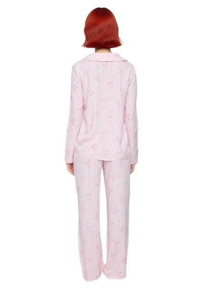 Ersefa Kadın Çizgili Fiyonk Baskılı Viskon Pijama Takımı Fonksiyonel Day Açık Pembe