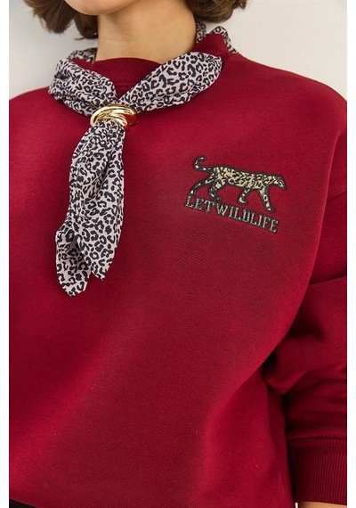 Mevese Bisiklet Yaka Nakışlı Kadın Sweatshirt - Üç İplik Şardonlu Oversize Şık Tasarım - Bordo Mevese Bisiklet Yaka Nakışlı Kadın Sweatshirt - Üç İplik Şardonlu Oversize Şık Tasarım - Bordo