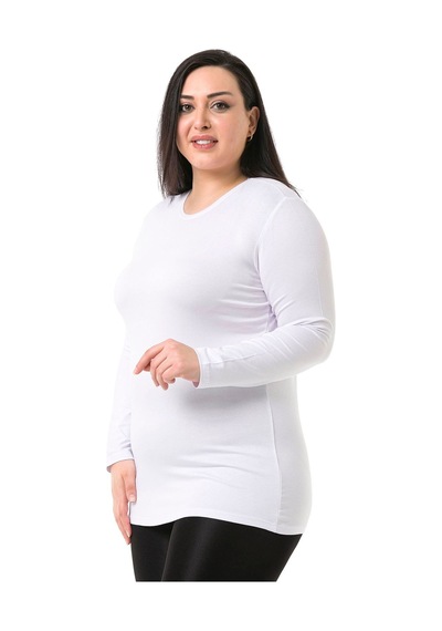 Disentis Büyük Beden Bisiklet Yaka Uzun Kollu Viskon Beyaz Body Beyaz