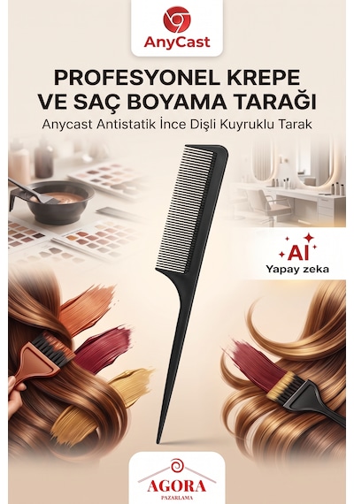 Anycast Profesyonel Krepe Ve Saç Boyama Tarağı, Antistatik İnce Dişli Kuyruklu Tarak Saç Tarağı