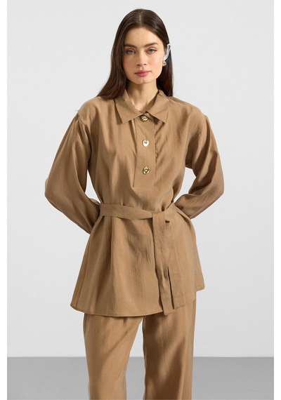 Olcay Metal Düğmeli Soft Kumaş Tunik Pantolon İkili Takım Kamel 9397-tk