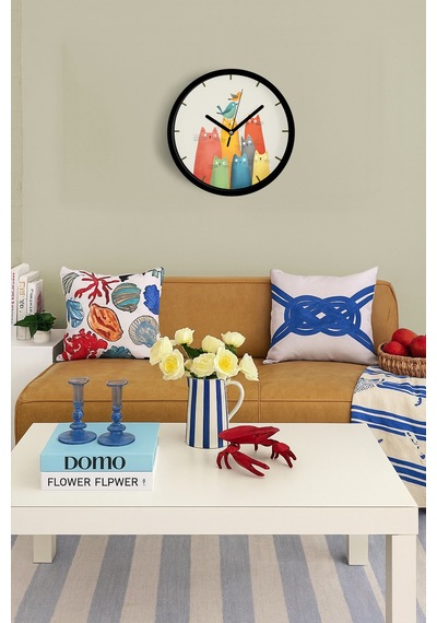 Sevimli Kediler Modern Duvar Saati - Çocuk Odası Duvar Saati - 25cm - Önü Camlı Siyah Kasa-jh1110 Siyah