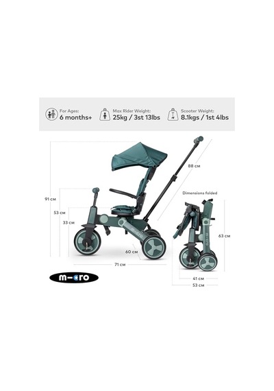 Micro 4in1 Katlanabilir Bisiklet Matcha, 6 Aydan 6 Yaşa Kadar, 360 Dönebilen Koltuk, Ebeveyn Kontrol, Akıllı Kilitleme Freni Ve Yıkama Koltuğu Açık Mavi
