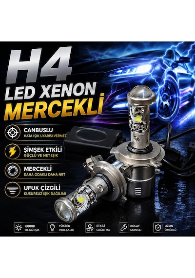 Mercekli H4 Beyaz Led Xenon-ufuk Çizgisi+şimşek Etkili+canbuslı Led Xenon