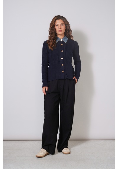 Denim Yaka Detaylı Peplum Triko Kazak Lacivert