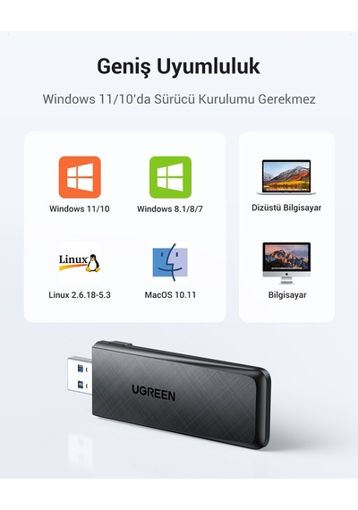 Ugreen Ac1300 Usb 3.0 1300mbps 2.4/5ghz Wi-fi Kablosuz Alıcı Ağ Adaptörü, 50340