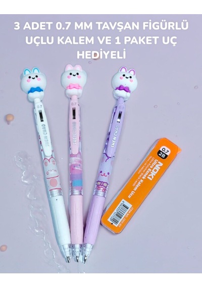 3 Adet 0.7 Mm Tavşan Figürlü Uçlu Kalem Ve 1 Paket Uç Hediyeli Çok Renkli