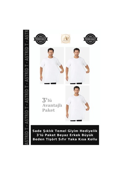 Astrid T Sade Şıklık Temel Giyim Hediyelik 3'lü Paket Beyaz Erkek Büyük Beden Tişört Sıfır Yaka Kısa Kollu Beyaz-3