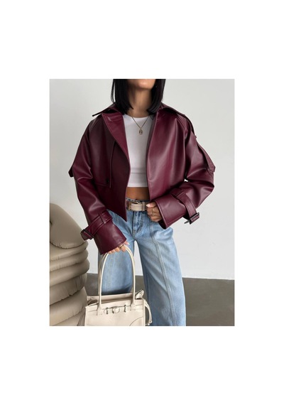 Almira Yeni Sezon Oversize Bomber Kadın Deri Ceket Bordo Bordo
