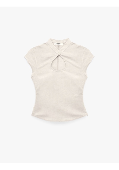 Koton Damla Pencere Detaylı Mandarin Qipao Yaka Kısa Kollu Keten Bluz Bej 7wak60173uw Ekru