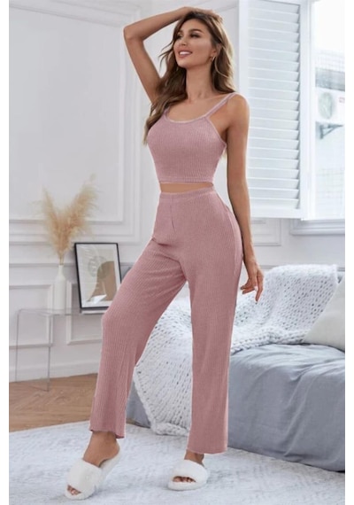 Bella Notte Viskon Pudra 3 Lü Trend Crop Rahat Pijama Takımı 7014