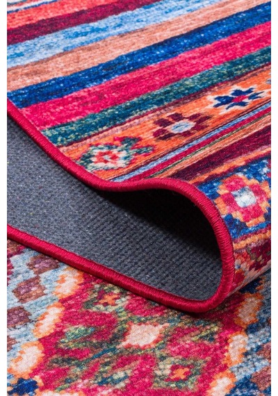 Etnik Kilim Desenli Pamuk Taban Yıkanabilir Baskılı Dekoratif Oval Halı Kırmızı