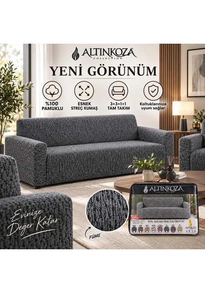 Altınkoza Koltuk Örtüsü - 3+3+1+1 Takım -%100 Pamuklu Esnek Streç Kumaş - Her Tip Kanepeye Uyumlu - Salon Oturma G Çok Renkli
