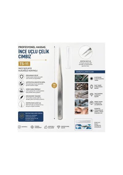 Ts-11 Hassas İnce Düz Uçlu Paslanmaz Çelik Cımbız 14 Cm Antistatik Profesyonel Elektronik Saat Takı Hobi Cımbızı