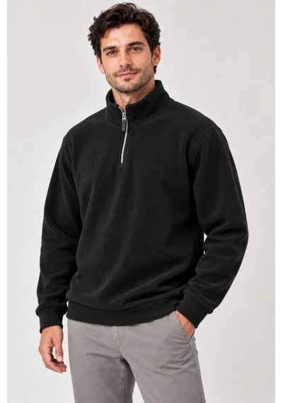 Butik İstanbul Erkek Polar Dik Yaka Yarım Fermuarlı Uzun Kollu Regular Fit Kışlık Sweatshirt - Siyah