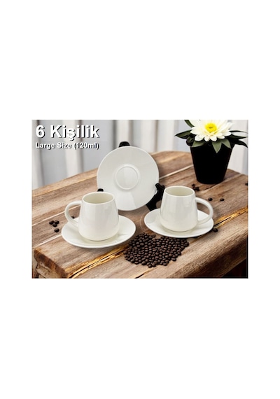 6 Kişilik 120ml Büyük Boy Sade Porselen Türk Kahvesi Fincanı Takımı Beyaz