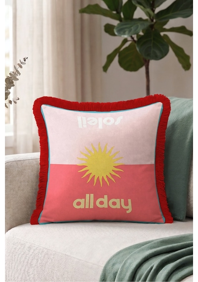 Güneş Motifli All Day Saçaklı Yastık Kılıfı-retro Solar Pembe Kırmızı Bordo Püsküllü Kırlent Kılıfı Derin Sahil Nektar