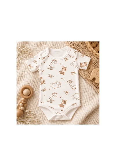 Cantaz Unisex Bebek Safari Hayvan Desenli %100 Pamuk Kısa Kollu Çıtçıtlı Body Zıbın Krem