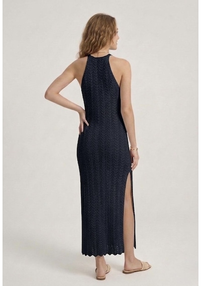Neden Tekstil Kadın Ajurlu Halter Yaka Yırtmaçlı Uzun Beachwear Elbise - Plaj Elbisesi - Lacivert