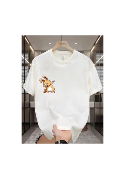 Medinenur Sevimli Tavşan Baskılı Basic T-shirt Beyaz