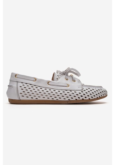 Luvishoes Stevo Beyaz Cilt Hakiki Deri Delikli Bağcıklı Kadın Loafer Ayakkabı