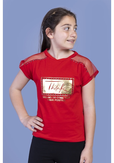 Toontoy Kids Toontoy Kız Çocuk Omuzu Tül Detaylı Varak Baskılı Tişört Kırmızı