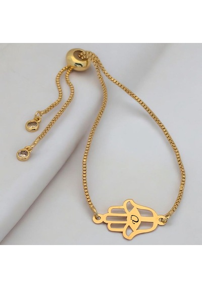 Ü Harfine Özel Hamsa Motifli 14 Ayar Altın Plakalı Zincirli Hediye Bileklik-497harf Ü