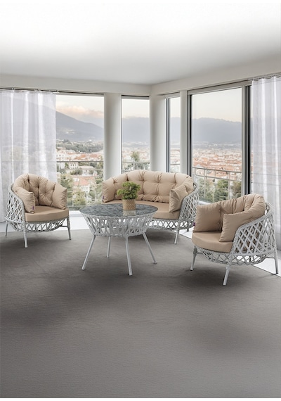 Viola Serisi 1. Sınıf 2+1+1 Beyaz Rattan Cappucino Minder Bahçe Balkon Oturma Koltuk Takımı Viola Serisi 1. Sınıf 2+1+1 Beyaz Rattan Cappucino Minder Bahçe Balkon Oturma Koltuk Takımı